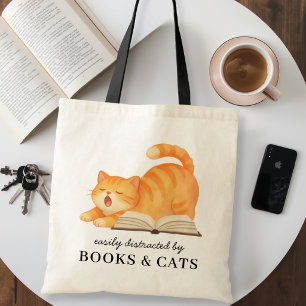 Bolso De Tela Divertido Fácilmente Distraído por Libros y Gatos 