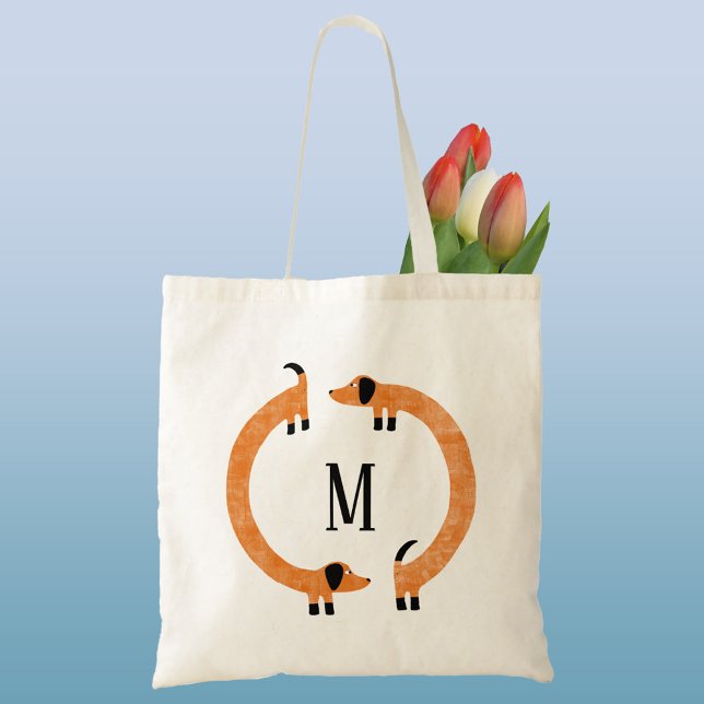 Bolso De Tela Divertido Monograma de perros Dachshund Sausage (Funny Dachshund Wiener Sausage Dog monogram initial personalized tote bag)