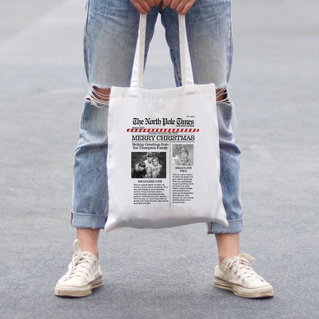 Bolso De Tela Divertido periódico del North Pole Times navidades (Merry Christmas holiday newspaper print tote bag.)