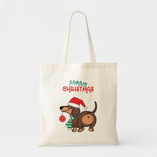 Bolso De Tela Divertido perro de Dachshund Cute Feliz Navidad (Frente)