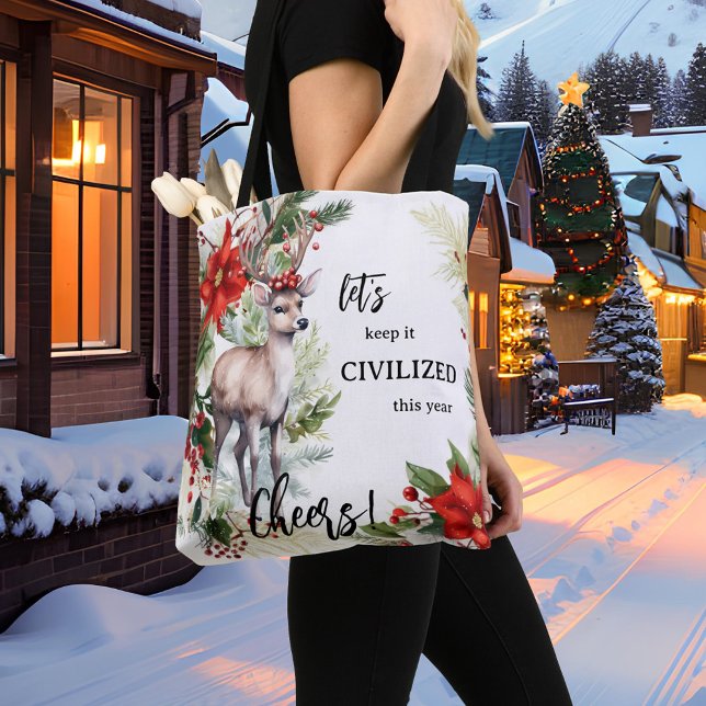 Bolso De Tela Divertidos Navidades Deer (Cute funny Christmas tote bag featuring a watercolor design with a deer, festive Poinsettia and pine)