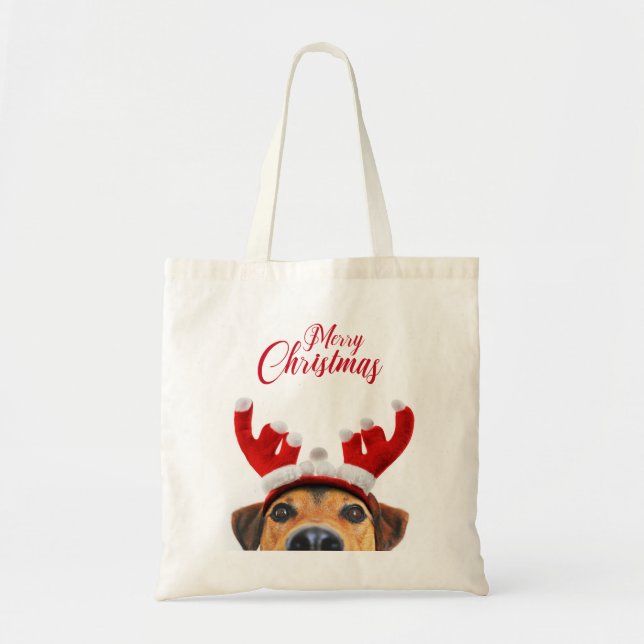 Bolso De Tela Divertidos Navidades Perro reno Antler Cabeza (Frente)