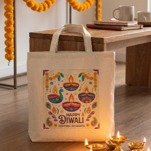 Bolso De Tela Diwali Vibrante Arte Popular Moderno Diya de Pavo 