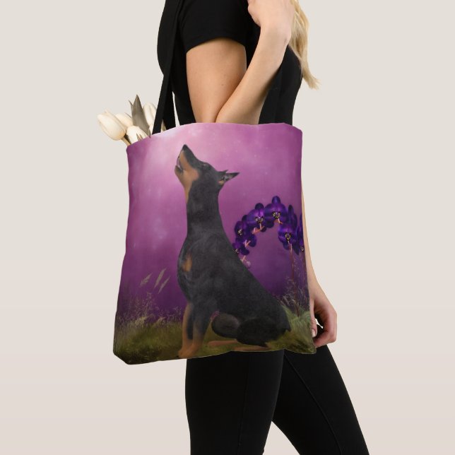 Bolso De Tela Doberman Purple Fantasy Orchids Dog Art (Detalle)