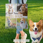 Bolso De Tela DOG MOM 4 Collage de fotos Paw Print Heart<br><div class="desc">Crea un collage de fotos con una bolsa de té mostrando 4 fotos de tu perro o cachorro y el tipográfico adorable de color marrón dorado DOG MOM acentuado con una huella de pata de perro y corazón en la parte delantera. La parte posterior es un color sólido y editable...</div>