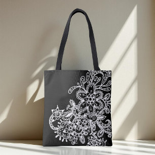 Bolso De Tela Doodle de flores de manala blanca y negra dibujado
