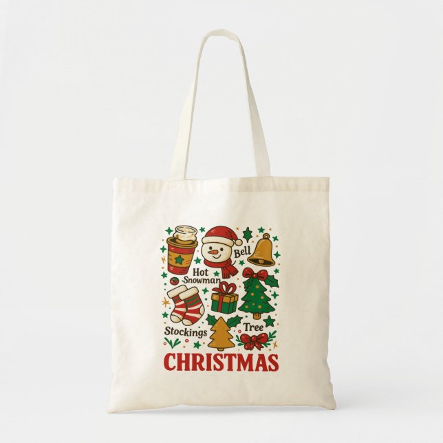 Bolso De Tela Doodle de Navidad Retro Xmas (Frente)