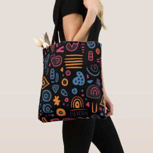 Bolso De Tela Doodle Tribal Abstracto Neon Geométrico Negro