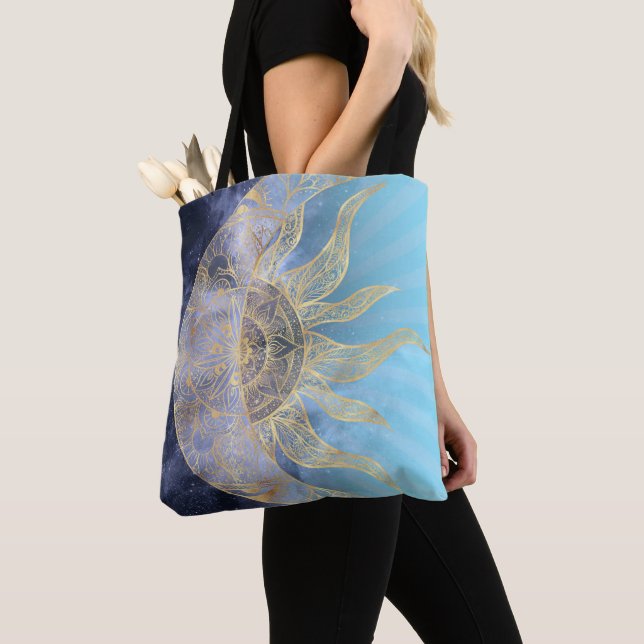 Bolso De Tela Dorado Moon Sun Mandala Diseño Celeste (Detalle)