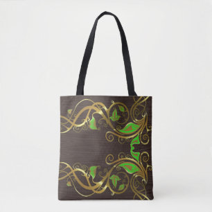 Bolso De Tela Dorado Y Bañeras Florales Verdes