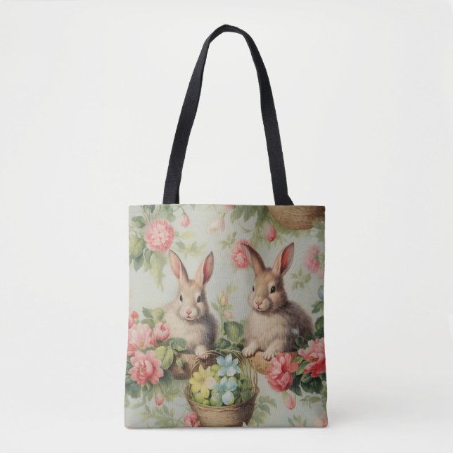 Bolso De Tela Dos Adorables Bunnies De Pascua Sentados Entre Flo (Anverso)