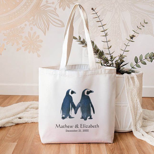Bolso De Tela Dos boda romántica linda de los pingüinos | (Subido por el creador)