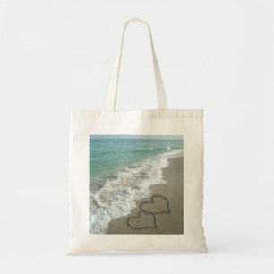 Bolso De Tela Dos corazones de arena en la playa, océano románti