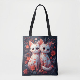 Bolso De Tela Dos gatitos blancos y flores