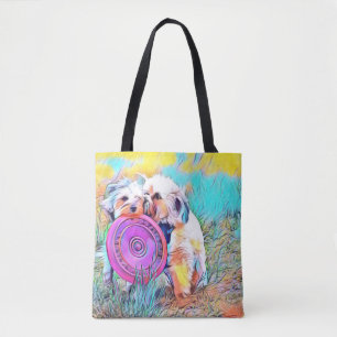 Bolso De Tela Dos perros lindos que juegan el tote del disco