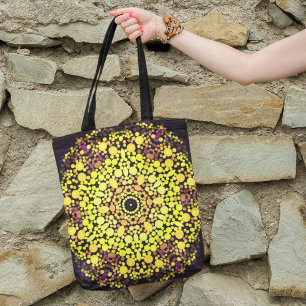 Bolso De Tela Dot Mandala Flor amarillo morado y negro