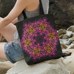 Bolso De Tela Dot Mandala Flor Amarillo rosa y Negro