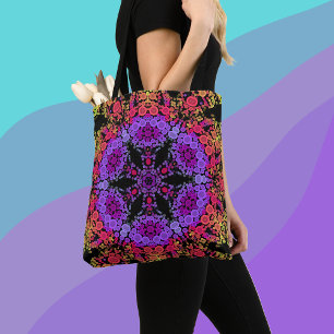 Bolso De Tela Dot Mandala Flor morado Naranja y amarillo