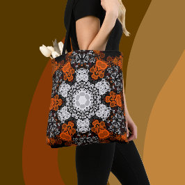 Bolso De Tela Dot Mandala Flor Naranja blanco y negro