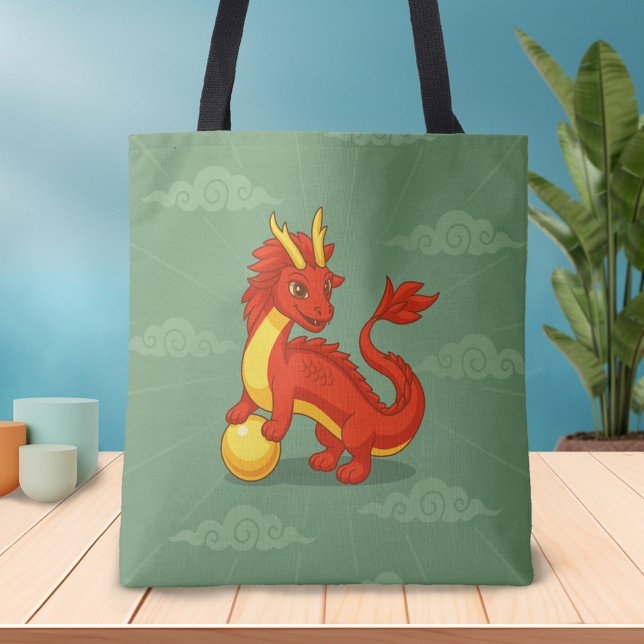 Bolso De Tela Dragón Chino Rojo sobre Verde (Subido por el creador)