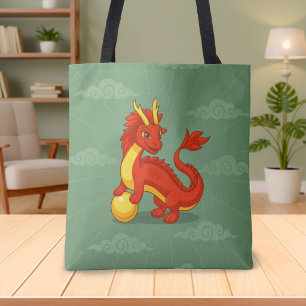 Bolso De Tela Dragón Chino Rojo sobre Verde