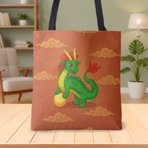 Bolso De Tela Dragón Chino Verde sobre Rojo