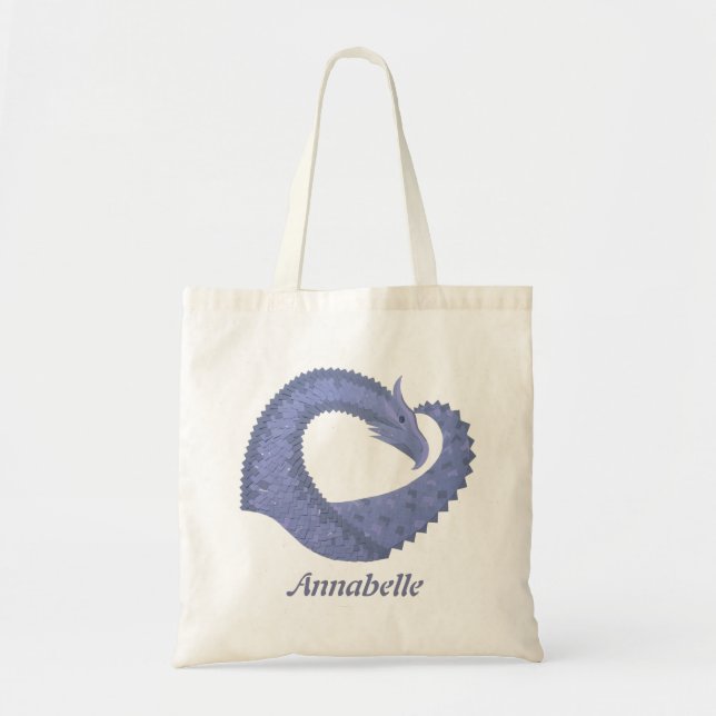 Bolso De Tela Dragón de corazón azul-gris sobre blanco (Frente)