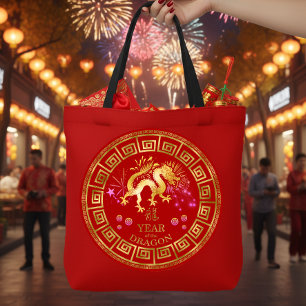 Bolso De Tela Dragón del Zodiaco Chino Rojo/Dorado ID542