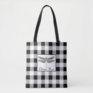 Bolso De Tela Dragón elegante de gingham blanco negro