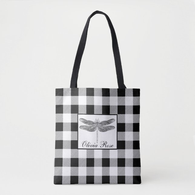 Bolso De Tela Dragón elegante de gingham blanco negro (Anverso)