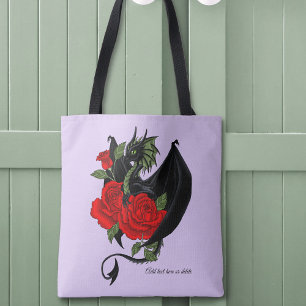 Bolso De Tela Dragón negro místico Rosas rojas Lavanda Gótico