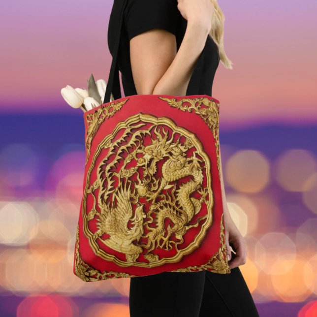 Bolso De Tela Dragon Phoenix Red Gold Boda China (Dragon Phoenix Red Gold Chinese Wedding Tote Bag)