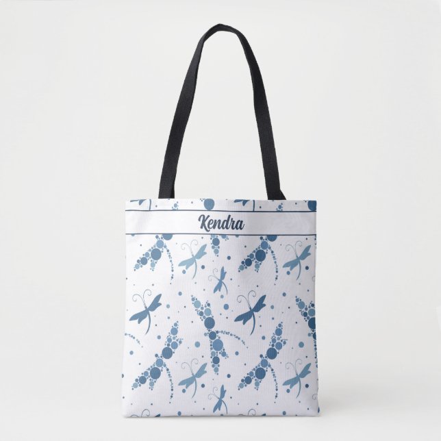 Bolso De Tela Dragonflies azules en la firma blanca (Anverso)