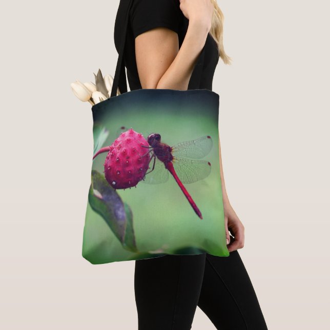 Bolso De Tela Dragonfly Rojo Sobre Fruta De Dogwood Cerca (Detalle)