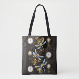 Bolso De Tela Dragoniscos de Steampunk sobre fondo rayado marrón