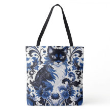 Dramatic Blue Art Deco Cat Large Shoulder Tote