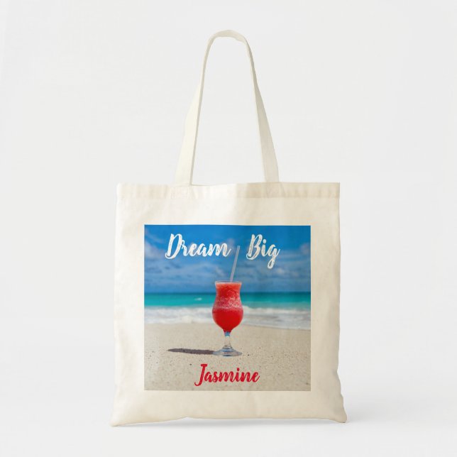 Bolso De Tela Dream Big Tropical Beach Blue Ocean Custom Name (Frente)