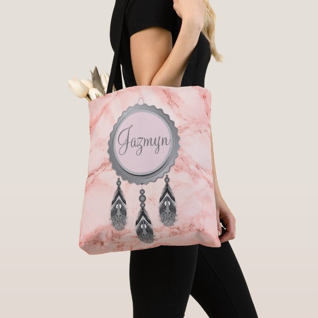 Bolso De Tela Dreamcatcher gris sobre mármol rosa personalizado (Detalle)