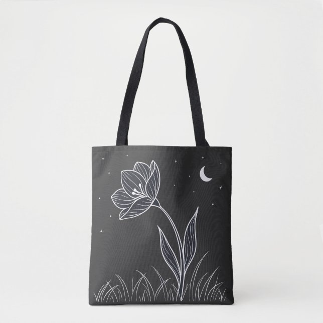 Bolso De Tela Dreamy Moonlit Flower Line Art con estrellas (Anverso)