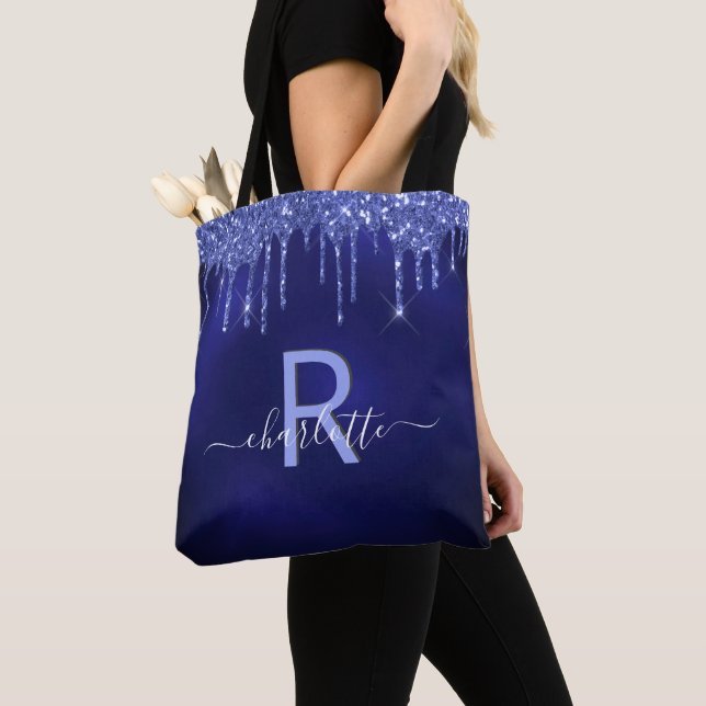 Bolso De Tela Drips de purpurina azul marino con nombre monogram (Detalle)