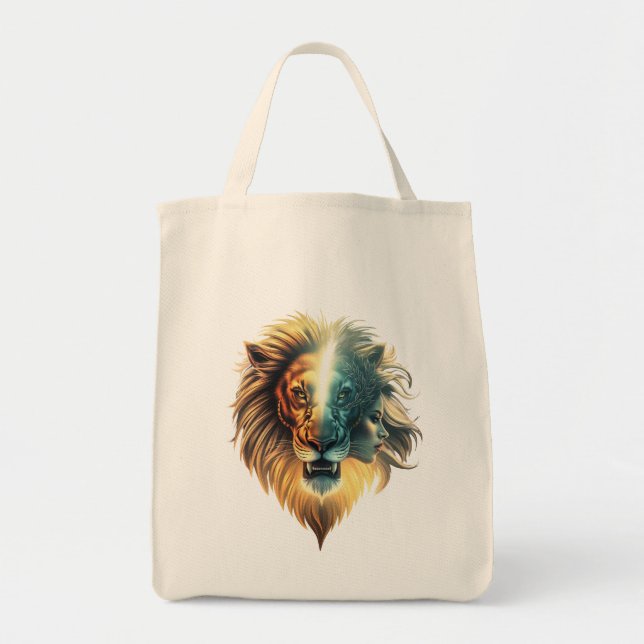 Bolso De Tela Dualidad de fuerza, el león y la mujer. (Frente)