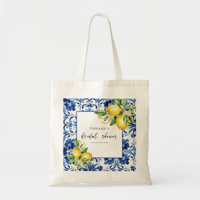 Bolso De Tela Ducha nupcial con azulejos azules mediterráneos (Frente)