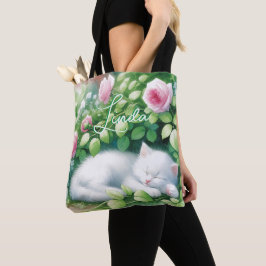 Bolso De Tela Dulce Napping White Kitten bajo un Bush Rosa