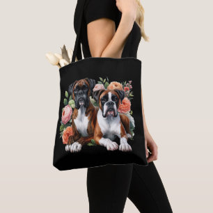 Bolso De Tela Dúo de Perros Boxer Entre Las Flores