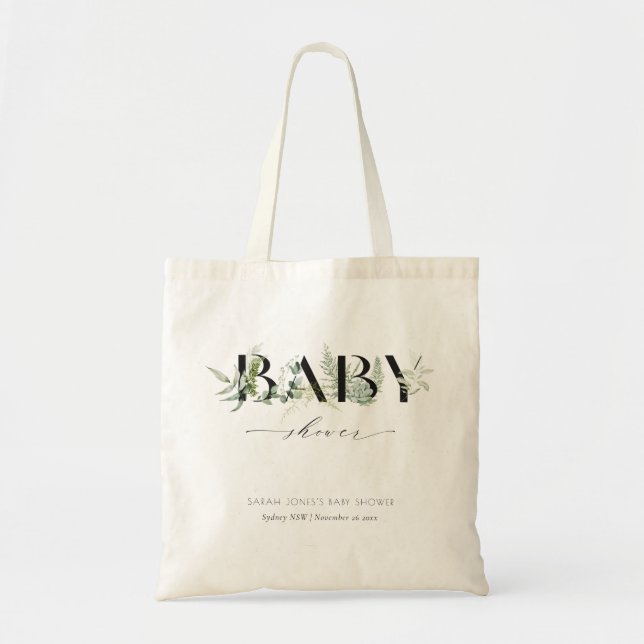 Bolso De Tela Dusky Leafy Fern Succulent Script Baby Shower (Frente)