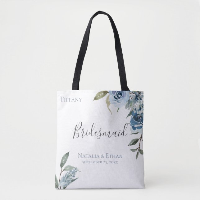 Bolso De Tela Dusty Blue Botanalized Personalized Bridesmaid (Anverso)
