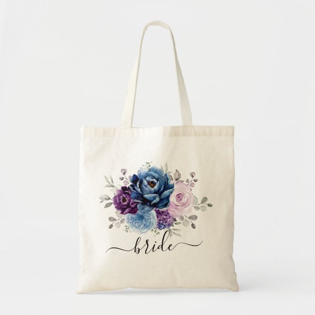 Bolso De Tela Dusty Blue Purple Navy Lilac Blooms Boda (Frente)