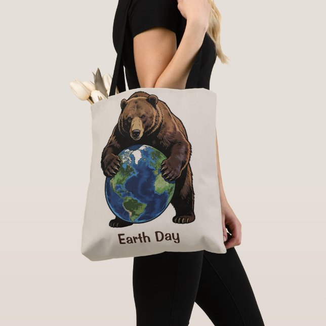 Bolso De Tela Earth Day Bear Hugging Planet Design (Detalle)