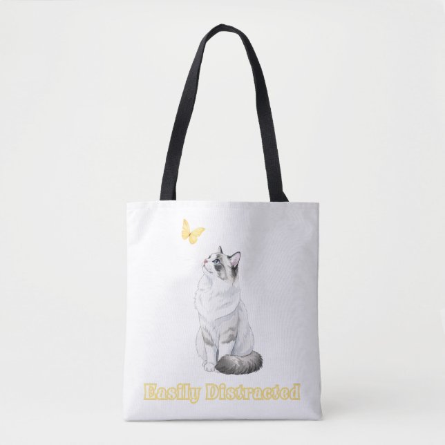 Bolso De Tela Easily Distracted Cute Cat & Butterfly Design (Anverso)