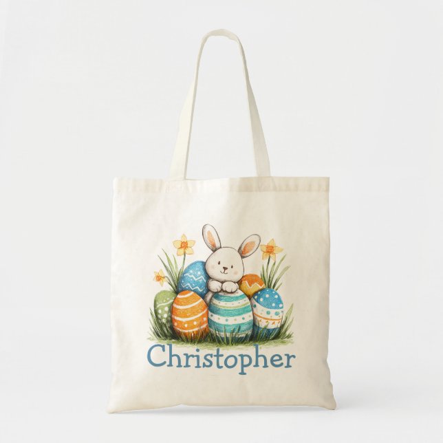 Bolso De Tela Easter Kids Name Boys Bunny Rabbit (Frente)